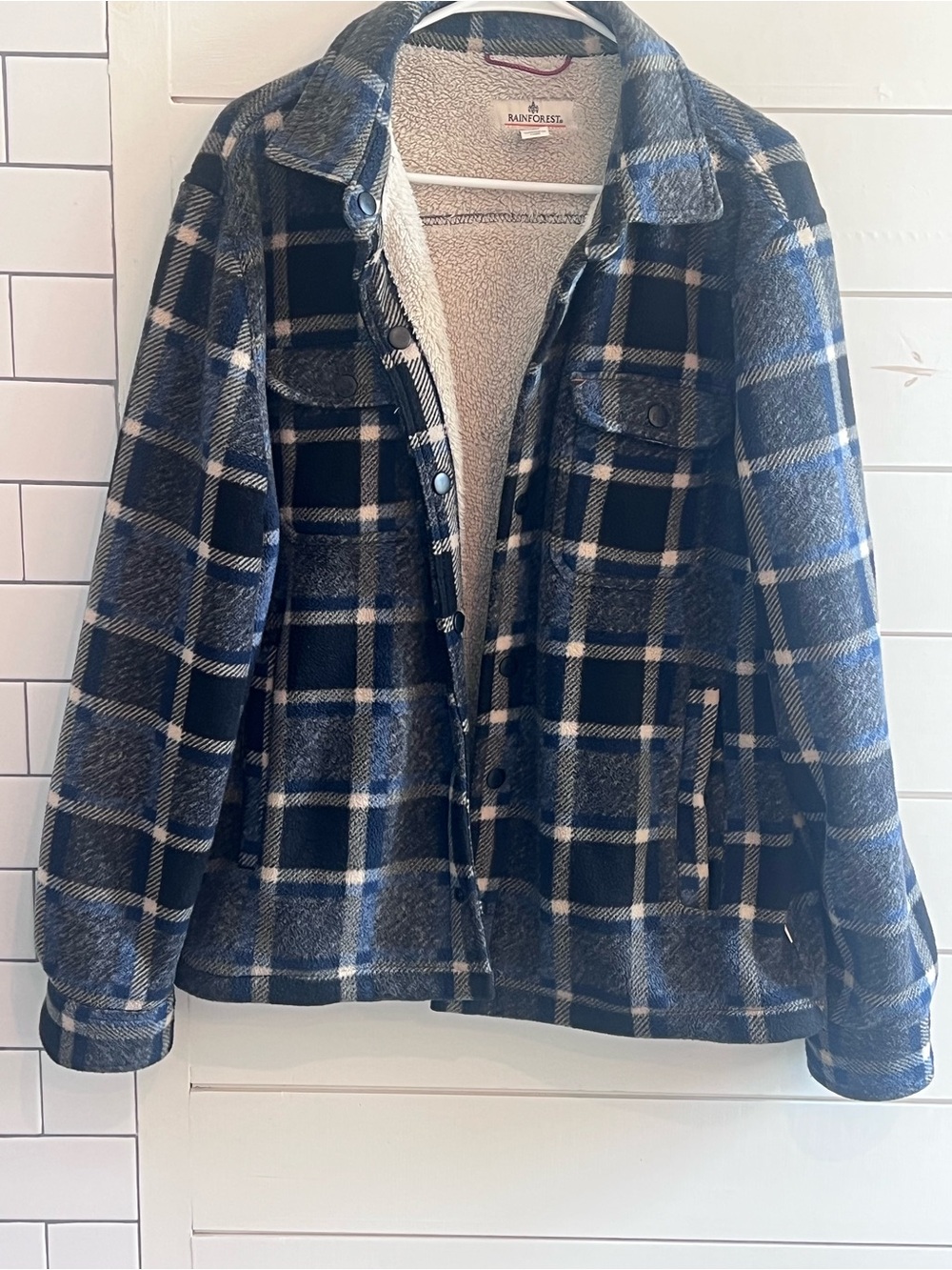 RAINFOREST Blue Plaid Sherpa-Lined Utility Jacket Flannel Warmth